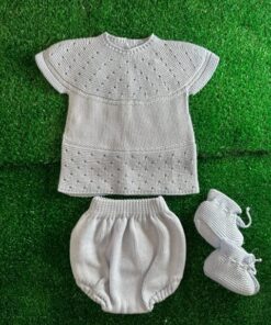 Completo 3 pezzi in cotone maglia-culotte-babbucce color celeste polvere