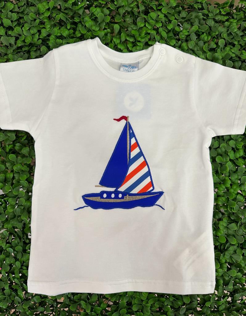 T-shirt bianca con barca a righe blu e rosse Sardon