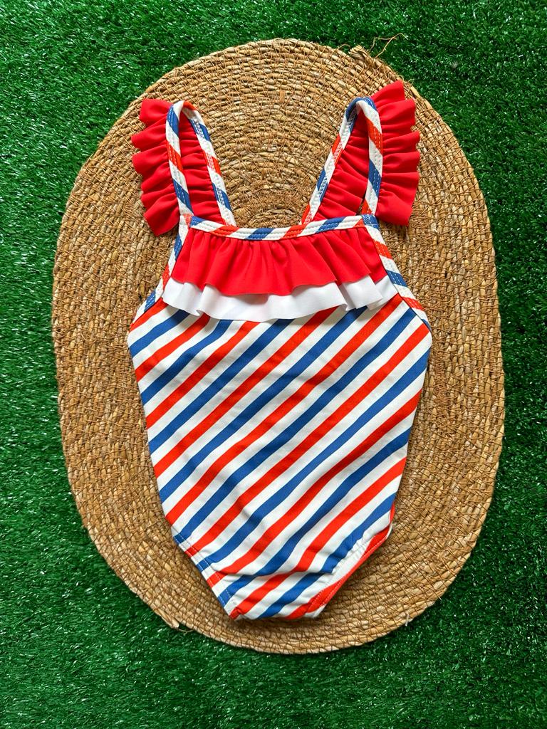 Costume intero bimba a righe blu e rosse con fiocco sulla schiena Sardon - immagine 4