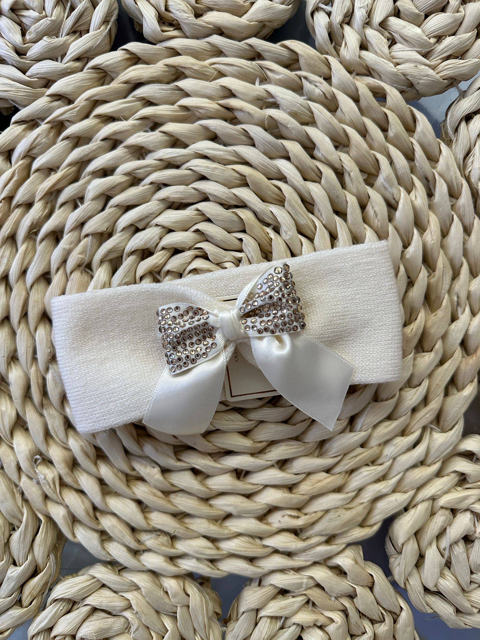 Fascia per capelli fiocco e strass panna Story Loris