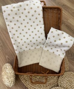 Coppia di asciugamani a pois con fascia rigata beige