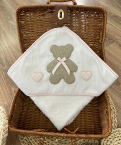Triangolo bagnetto orso e cuori tortora e rosa