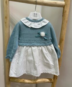 Vestito verde acqua e bianco con pom pom