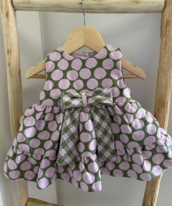 Vestito verde a pois rosa con fiocco
