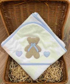 Triangolo bagnetto orso e cuori tortora e celeste